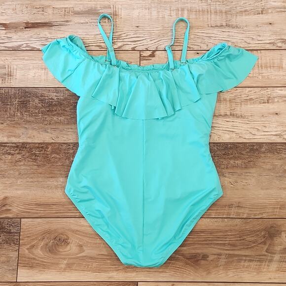 NWT LA BLANCA Plus Size Island Goddess Aqua Marine Ruffle Shoulder Swimsuit 20W - Picture 7 of 9